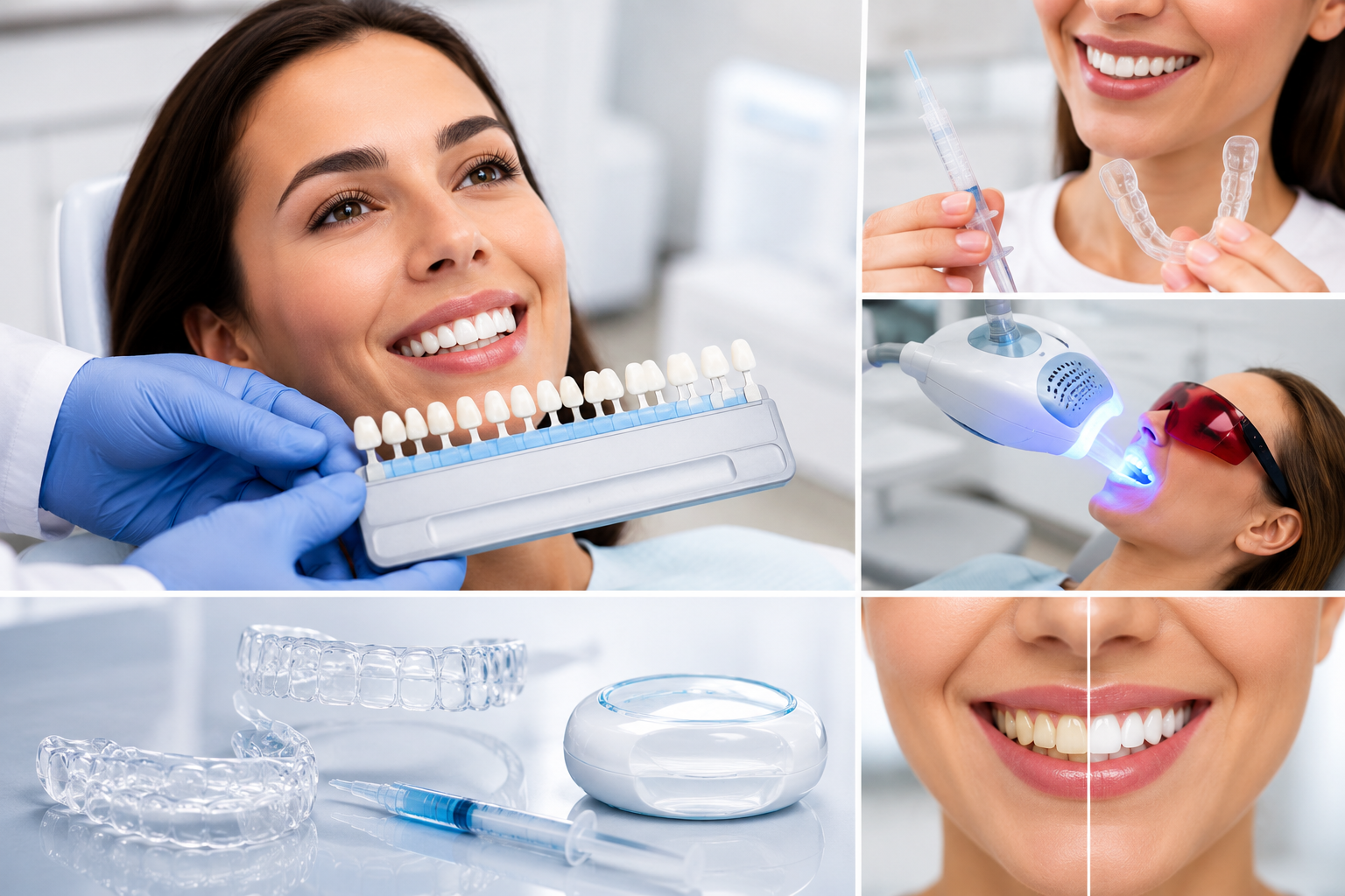 comparison of professional and at home teeth whitening treatments including trays, gel, and whitening light