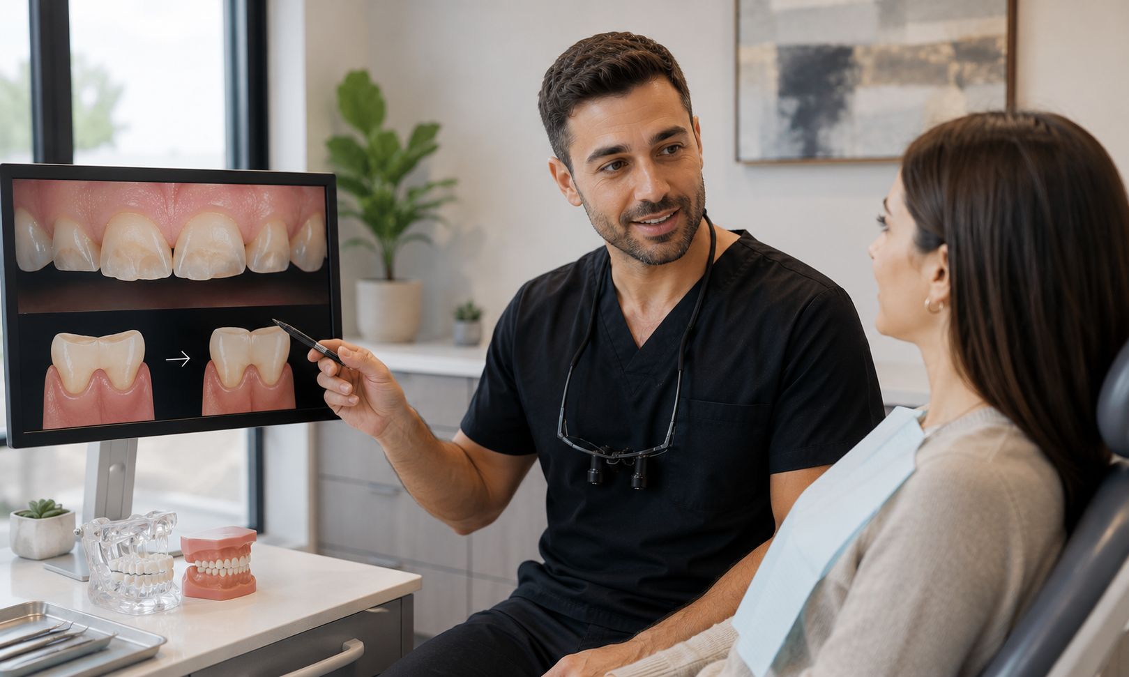 Dentist explaining treatment options for grinded teeth and enamel wear during dental consultation