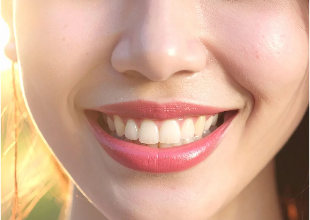 Close-up of a bright, even smile showing the cosmetic results of a smile makeover.